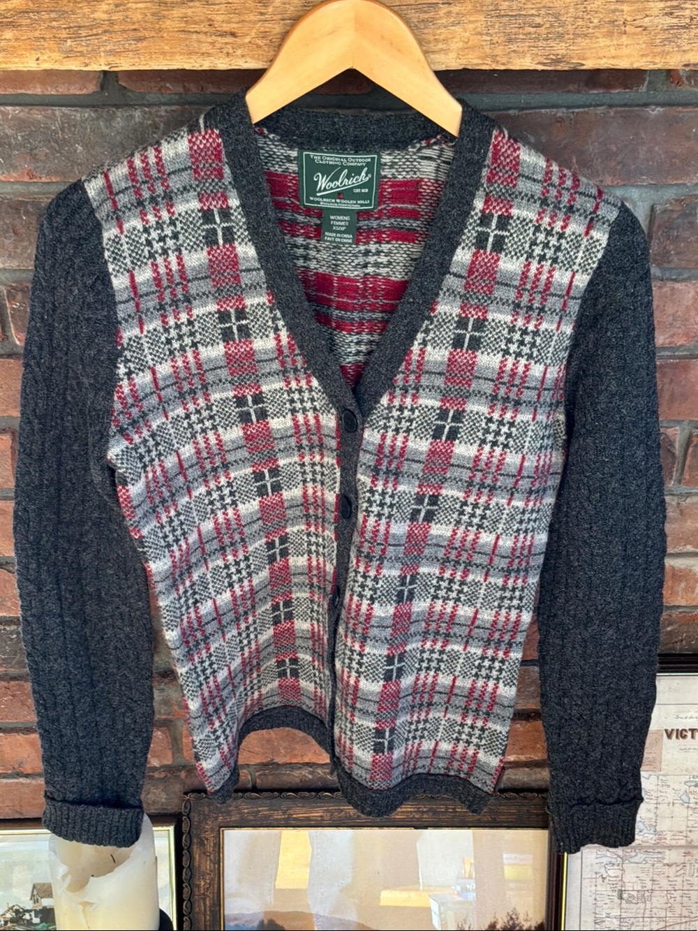 Woolrich Charcoal Cable-Sleeve Cardigan with Red & Gray Plaid Front